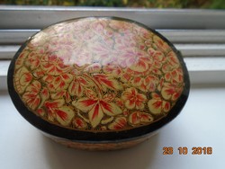 Cashmere hand-painted, gilded floral, oval, lacquered paper paste jewelry box