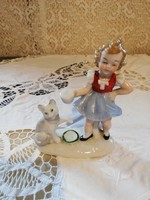 Eladó régi porcelán német cicát etető kislány figura nipp!