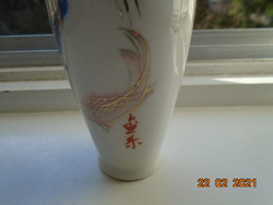 Japanese hand-painted, gold-contoured blue and pink koi fish pattern, hand-marked vase