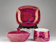 1D358 Régi irizáló lila Hollóházi porcelán készlet 3 darab