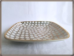 Pöttyös mintás, német iparművész, mélyített szögletes mázas kerámia kínáló tál