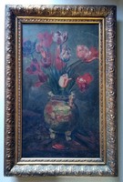 Nagy méretű, kvalításos olaj/vászon virág csendélet, XIX. század