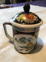 Álomszép Kinai kézzel festett aranyozott fedeles porcelán bögre.