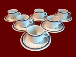 Kék csíkos alföldi porcelán mokkás, kávés készlet 6-6 csésze és tányér