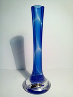 EISCH jelzett buborékos kék üveg vastag falú szál váza