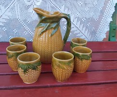Retro corn wine set with 6 small glasses + jug, peasant decoration nostalgia pieces