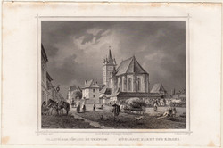 Szászváros, főpiac és templom, acélmetszet 1864, Hunfalvy, Rohbock, eredeti, metszet, Erdély Hunyad