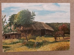 Ernő Kovács: abandoned farm, painting, 50x70, wood fiber, address indicated, cataloged ...