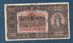 ​1000 Korona 1923 8 Fillér Felülbélyegzés Nyomdahely megjelölés nélkül