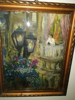 Gyönyörű antik festmény - V.J. szignóval - "Hölgy a teraszon" - aukción, villámárral!