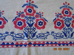 Antik Buzsáki kézzel hímzett házi szőttes vászon párna,vörös kék érdekes madár és virág mintákkal