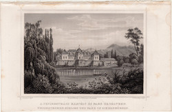 A fejéregyházi kastély és park, acélmetszet 1864, Hunfalvy, Rohbock, eredeti, metszet, Erdély