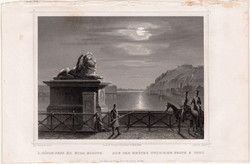 A hídon Pest és Buda között, acélmetszet 1860, Hunfalvy, Rohbock, eredeti, Lánchíd, Duna, metszet