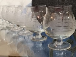 Sailboat engraved, mouth-blown, crystal glass, 6 pieces, hand-engraved