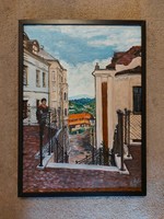 Kovács Ernő:  Veszprém (Lépcső), festmény, 50x70, olaj, farost,  cím jelezve, katalogizálva...