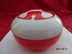 Alföldi porcelán piros/fehér színű cukortartó, legnagyobb átmérője 12,3 cm.