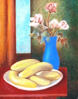 László Vígh: banana still life, 1963 - oil on canvas painting