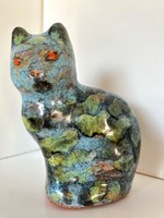 Különleges színes mázas kis méretű kerámia cica, macska figura