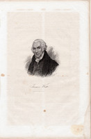 James Watt, acélmetszet 1837, eredeti, kis méret, 8 x 8 cm, német, skót, német gőzgép, feltatáló