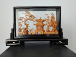 Vintage kínai parafa dioráma, pagodával, kínai kerttel, 23x14 cm, TÖRTÉNETTEL