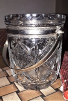 Gyönyörű hibátlan antik kristály jégkocka tartó fém (ezüstözött, réz?) fogantyúval, peremmel