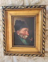 Portré , legalább 100 éves,paraszt bàcsi Csobaj, Pipàzó ember! Miniatűr kis méretű festmény! Szignàl