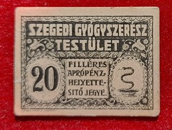 Szegedi Gyógyszerész Testület 20 Fillér, Frankl Antal gyógyszerész bélyegzés a hátoldalon.