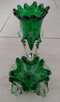 Gyönyörű smaradgzöld cseh ólomüveg váza és hamutartó szett