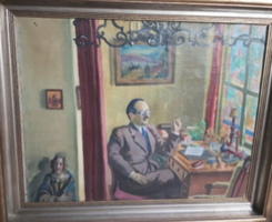 VÖRÖS GÉZA: Íróasztalnál (olaj-vászon 51x65 cm) Frank Frigyes portréja? férfi, enteriőr, szobabelső
