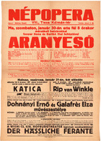Népopera plakát 1915, eredeti, 31 x 44 cm, Aranyeső, színház, Dohnányi Ernő, Horthy Sándor, Budapest