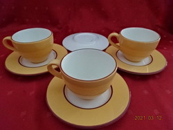 Italian porcelain tea cup + saucer, three pieces, eggshell color, brown border. Jokai.