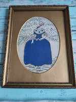 Antik festett selyemkép, hölgy kék ruhában, díszes keretben 27x35 cm