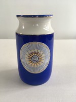 Hollóházi retro, kék színű, hibátlan porcelán váza aranyozott, domború mintás díszítéssel