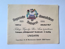 Régi boros üvegcímke 1961 Tokaji Aszú export bor címke Budapest Passau