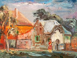 György Klimaj (1942-2011): Budafok-Budatétény street detail - oil on canvas painting, framed