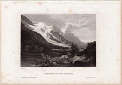 Chamouni, Svájc, acélmetszet 1860, Meyers Universum, eredeti, 10 x 14 cm, vögy, hegy, Európa, Alpok