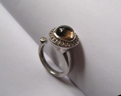 Különleges füstkvarc köves nyitott design ezüst gyűrű
