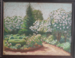 LENYŰGÖZŐEN SZÉP PARKRÉSZLET 1943-BÓL (Csizmazia Kálmán pasztell 54x68 cm) tájkép virágok kert idill