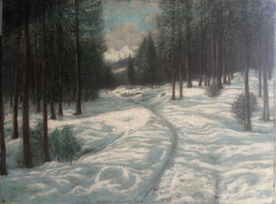 OLGYAI VIKTOR: Téli erdei táj (olaj-vászon 60x80) tájkép, havas erdő, hegyek, századfordulós