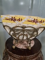 Szitakötős szecessziós porcelán tál-kínáló bronz veretes díszítéssel