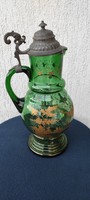 Antique Green Glass Jug, Beautiful Glass Pitcher, Mug, with Lid, Bird Motif, Stunning