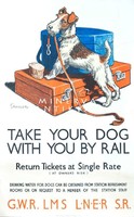 Vintage utazási reklám plakát reprint nyomat kutya foxi foxterrier póráz vonat jegy bőrönd poggyász