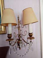 Antique Flemish bronze wall sconce with umbrella and crystal pendants