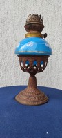 Antik petróleum lámpa kék üveggel, gyönyörű különleges darab