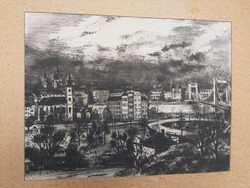 Erzsébet Bridge from the Buda side (etching) downtown Budapest church street view cityscape panorama