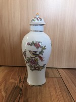 Hollóházi porcelán paradicsommadaras urna váza fedeles váza