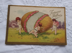 Antik, olasz, aranyozott grafikus üdvözlőlap/művészlap Húsvét, tojás, kislányok/angyalkák 1920 körül