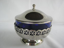 Bonbonier or sugar bowl with blue glass insert and ornate metal base