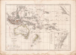 Óceánia térkép 1846, francia, atlasz, eredeti, 32 x 45 cm, Dussieux, politikai, Ausztrália, régi