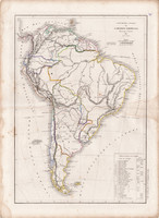 Dél - Amerika térkép 1845, francia, atlasz, eredeti, 32 x 45 cm, Dussieux, politikai, XIX. század
